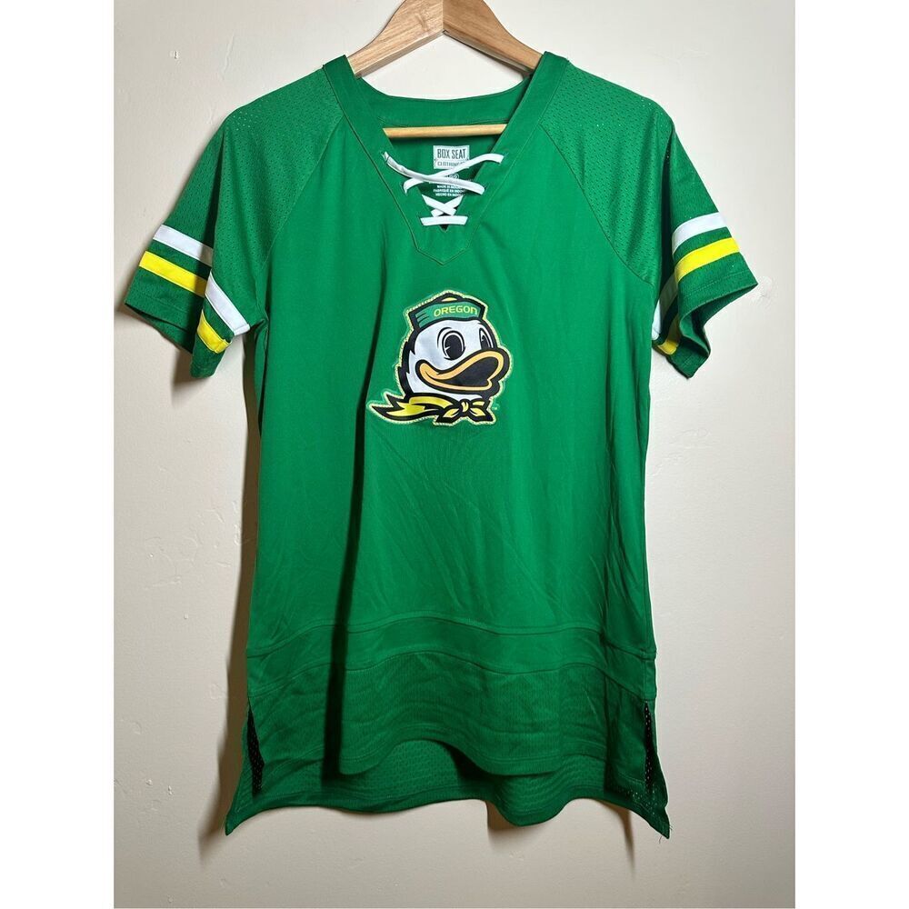 Box Seat Clothing Oregon Ducks Green and Yellow Lace Front Game Day Top Size Lar